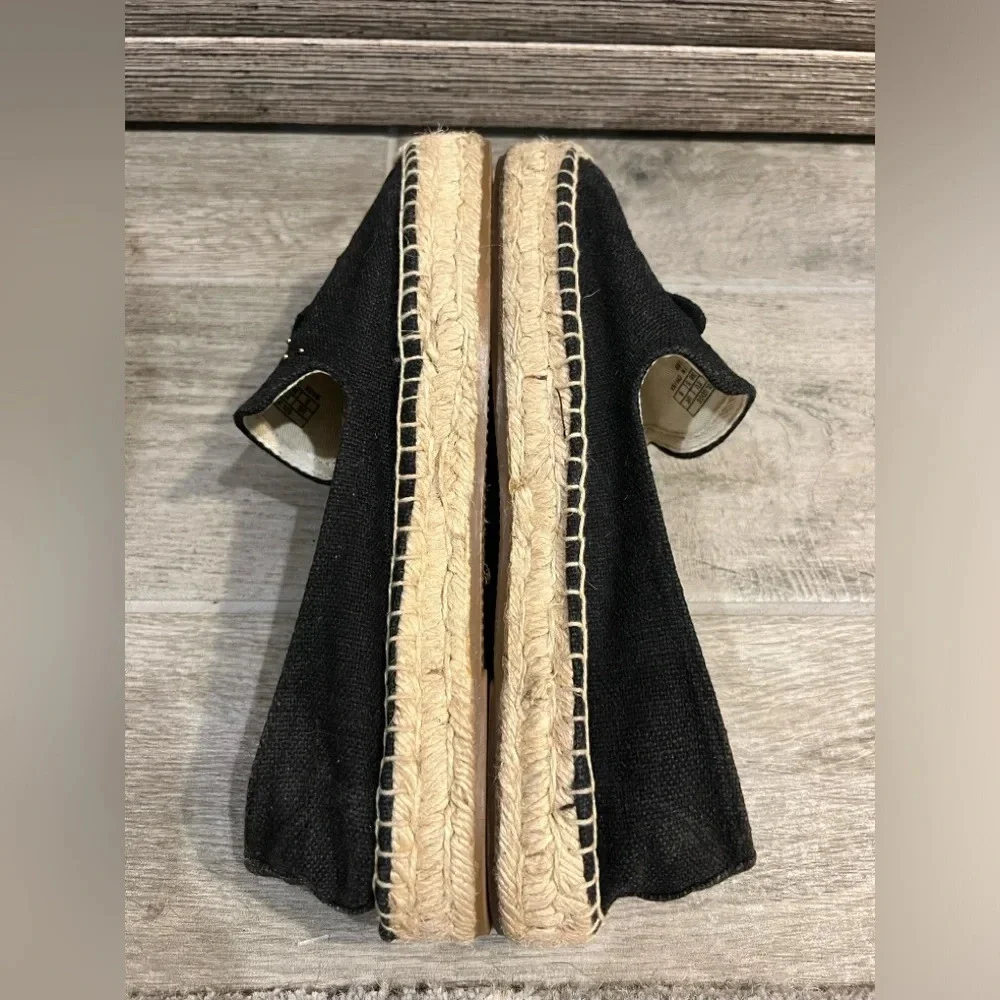 Soludos size 8 Black flat espadrilles beaded wine glass and wine bottle decor